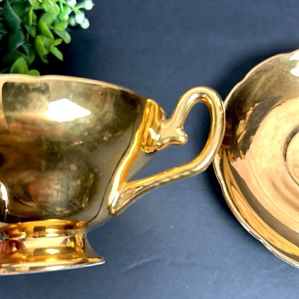 Vintage Taylor & Kent Large Pink Cabbage Rose Tea Cup Saucer Heavy Gold Signed